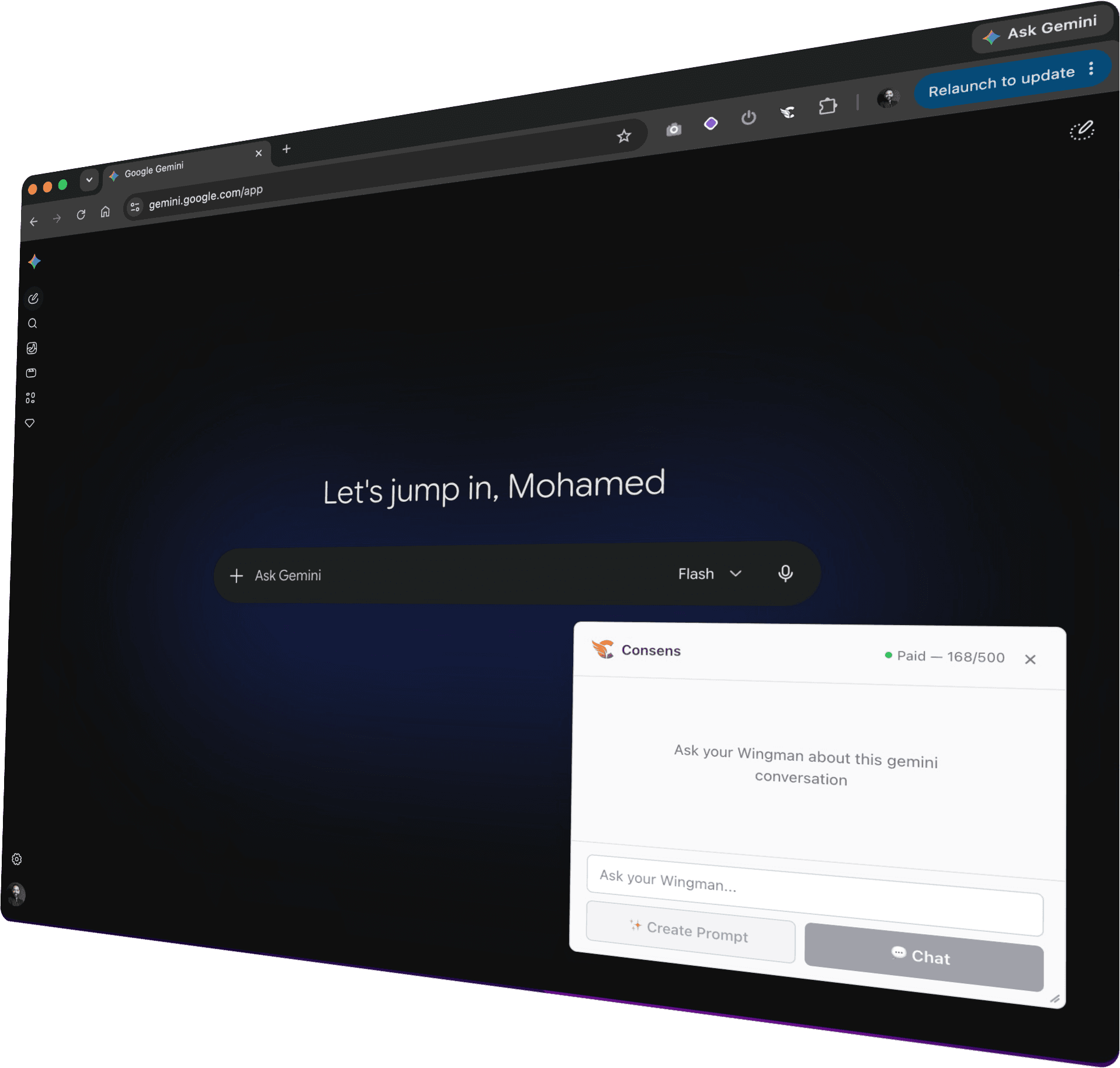 The Consens Wingman panel open on Google Gemini, ready to craft a prompt for the conversation